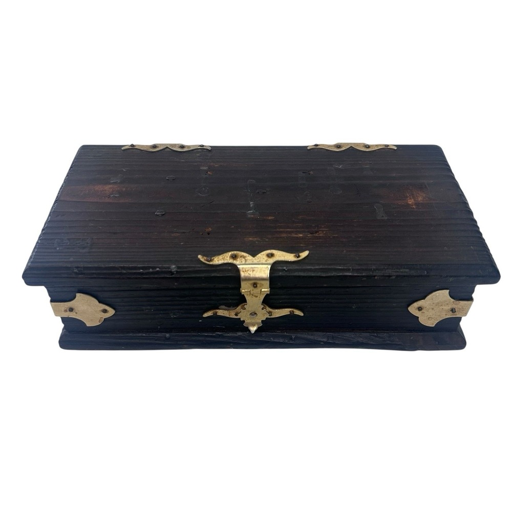 Vintage Wooden Jewelry Box Treasure Chest Trinket Rustic Pirate Gold Hardware Go